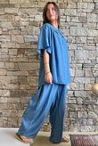 Washed Chambray Shirring Peasant Blouse Mid